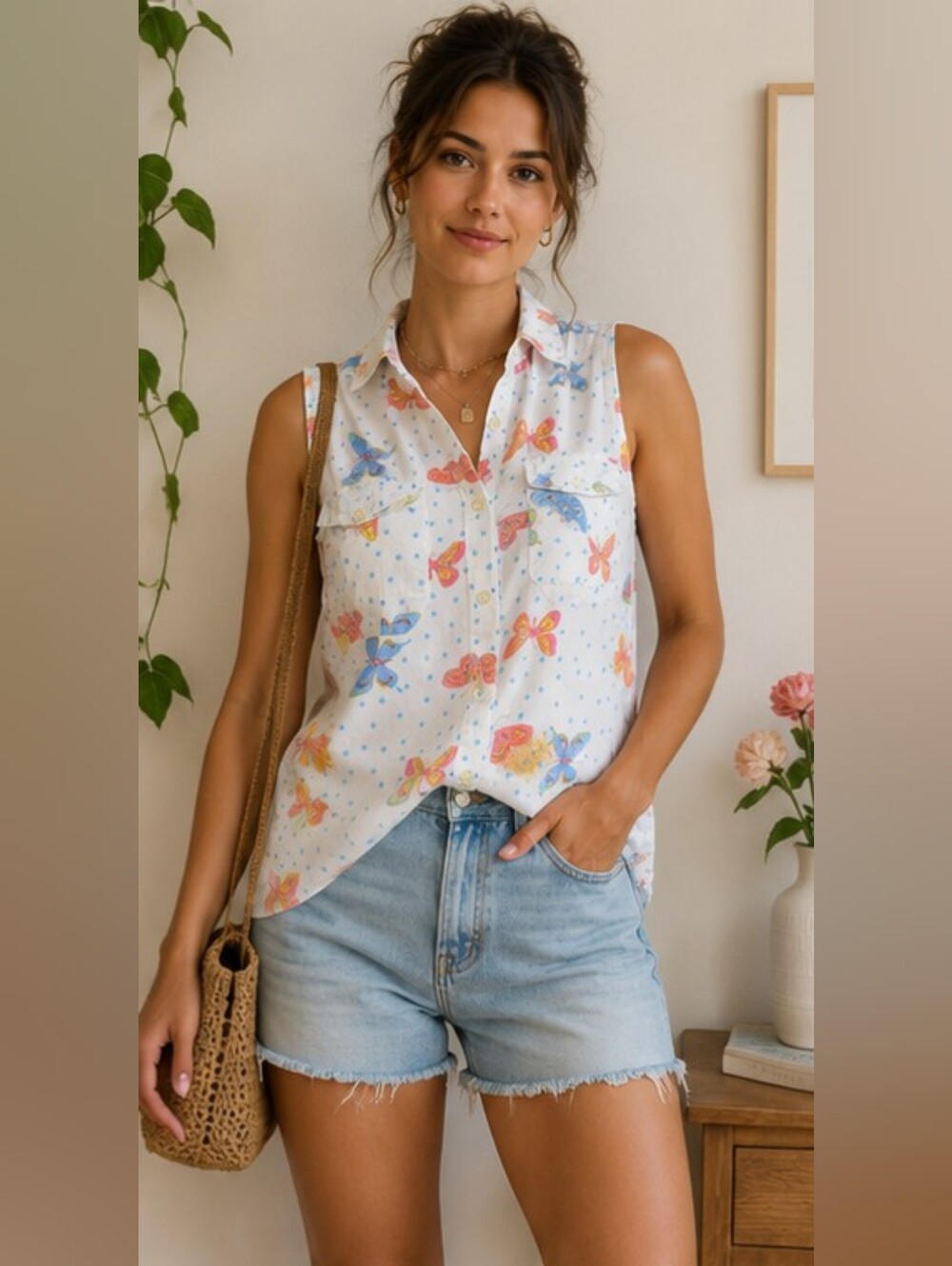 Vintage Bonjour Butterfly Polka Dot Sleeveless Button Front Blouse Top...
